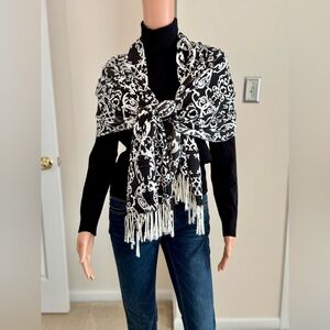 Beautiful Black & White Oversized Scarf Wrap with Fringe Can Be Worn Many Ways